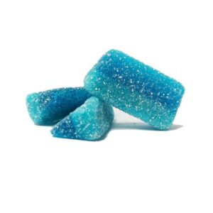 Zure blauwe snoepschijfjes die tongkleurend zijn