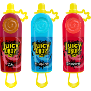 Juicy drop pop. Stick met zoete lolly met zoete gel die je over de lolly kan gieten voor extra smaaksensatie