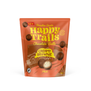 Happy Trails chocolade met Creamy Brownie smaak. Heerlijk luchtige chocoladeballetjes als tussendoor snackmoment.